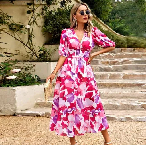 V-neck Printed Short-sleeved Long Dress