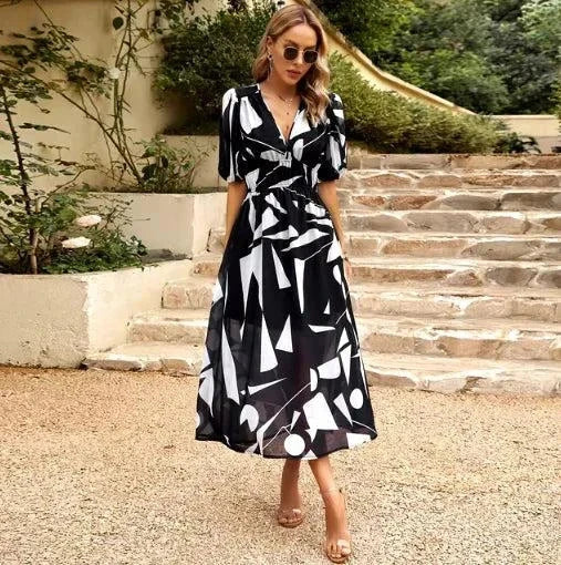 V-neck Printed Short-sleeved Long Dress
