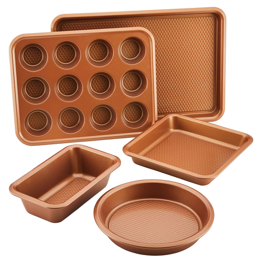 Ayesha Curry Kitchenware Nonstick Bakeware Set Includes Cookie Sheet Loaf Muffin Cake Pans 5-Piece Copper