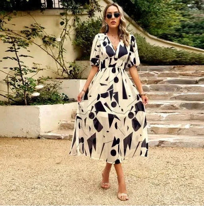 V-neck Printed Short-sleeved Long Dress